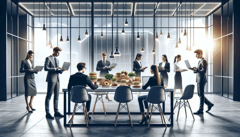 Mesa de trabajo con jóvenes empresarios revisando productos innovadores de alimentos y laptops, fondo moderno y luminoso.