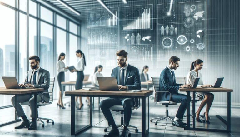 Equipo de emprendedores trabajando en laptops en una oficina moderna, fondo con pizarras y gráficos digitales.