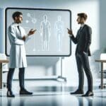 Dos personas, una con bata de laboratorio y otra con traje formal, conversando frente a una pizarra digital en una oficina moderna y luminosa.