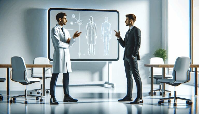 Dos personas, una con bata de laboratorio y otra con traje formal, conversando frente a una pizarra digital en una oficina moderna y luminosa.