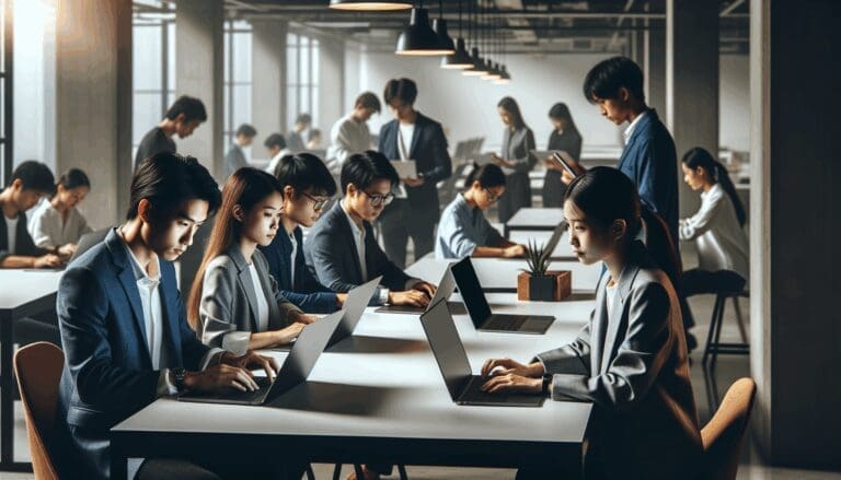Oficina moderna con jóvenes profesionales asiáticos trabajando en laptops, ambiente tecnológico e internacional.