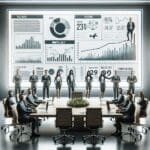 Equipo emprendedor en una sala de reuniones moderna, pantallas con gráficos de crecimiento al fondo.