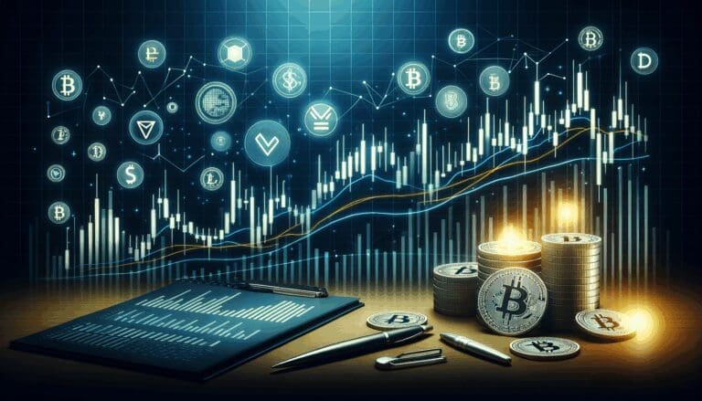 Gráfico digital con velas y curvas de precios sobre fondo oscuro, íconos de criptomonedas dispersos.