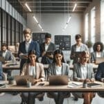 Grupo de emprendedores trabajando en una oficina moderna con laptops y pizarras electrónicas