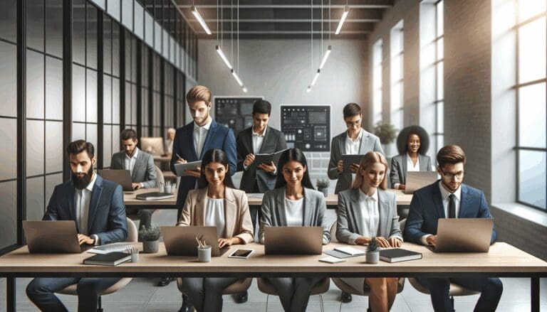 Grupo de emprendedores trabajando en una oficina moderna con laptops y pizarras electrónicas