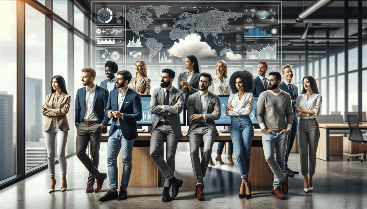 Equipo multicultural colaborando en una oficina moderna con pantallas mostrando datos en tiempo real y nube digital.