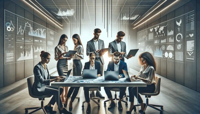 Equipo de jóvenes emprendedores revisando gráficos financieros en laptops, en una oficina moderna con detalles tecnológicos.