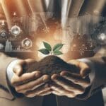Primer plano de manos sosteniendo tierra fértil con fondo natural y tono tecnológico.