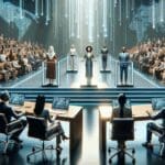 Panel de jueces evaluando a emprendedores en un auditorio moderno, ambiente vibrante y tecnológico.