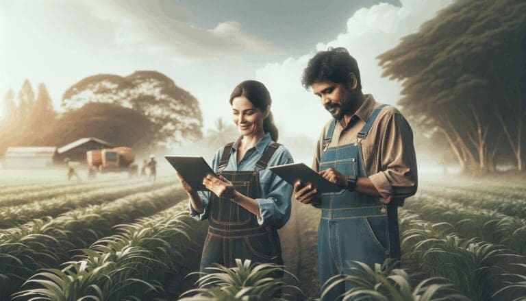 Trabajadores de campo usando tabletas digitales en un paisaje rural, con elementos tecnológicos y naturaleza.