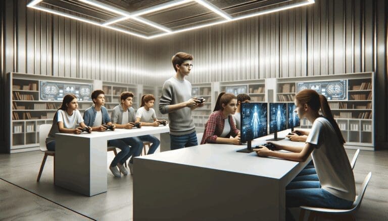 Jóvenes jugando videojuegos educativos en un moderno laboratorio de tecnología.