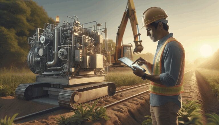 Trabajador en terreno usando una tablet digital junto a maquinaria industrial en un entorno natural.
