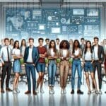 Ilustración de jóvenes emprendedores en un espacio de coworking moderno con pantallas y gráficos tecnológicos.