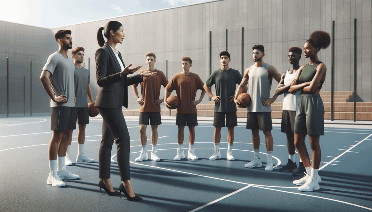 Entrenador dando instrucciones a jóvenes jugadores en una cancha moderna al aire libre, ambiente motivador y profesional.