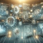 Gráfica digital mostrando conexiones entre datos financieros y criptomonedas en un entorno tecnológico moderno.