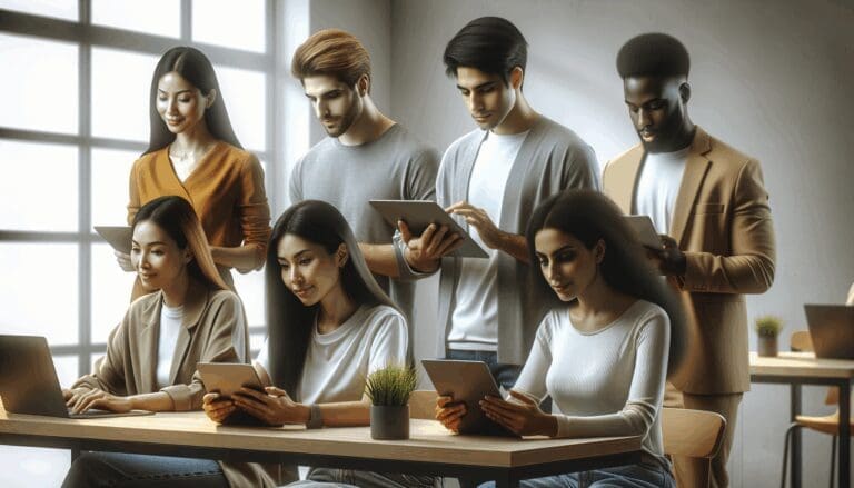 Grupo diverso de personas jóvenes colaborando y aprendiendo en un espacio de coworking moderno.