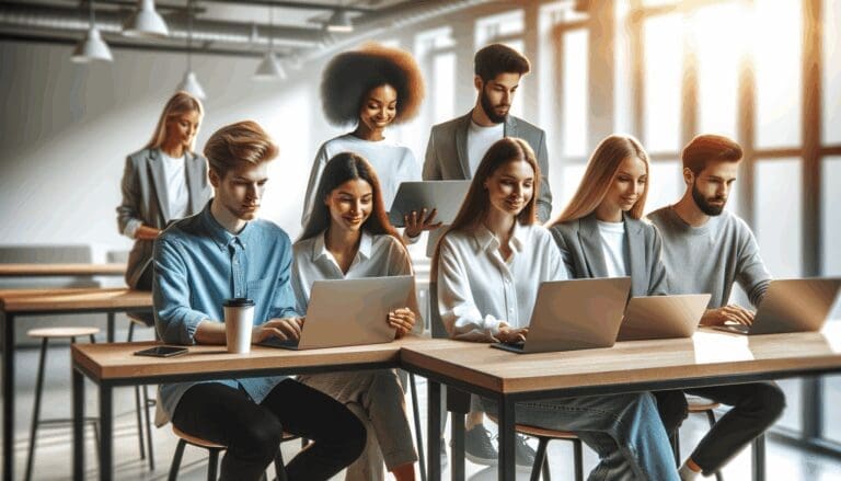 Jóvenes profesionales en un espacio de coworking moderno, colaborando y usando laptops.