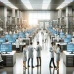 Laboratorio de alta tecnología con equipos científicos avanzados y personas trabajando.