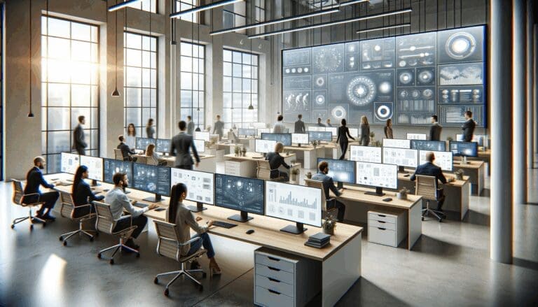 Oficinas modernas de una startup tecnológica con equipos de trabajo colaborando rodeados de pantallas y dispositivos innovadores.