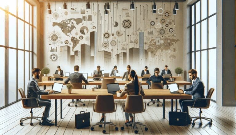 Espacio de coworking moderno con emprendedores utilizando laptops y pantallas digitales, ambiente innovador.