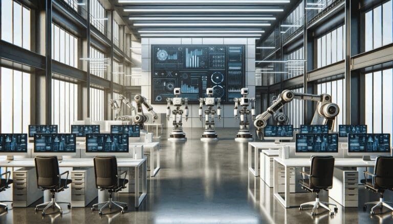 Oficina de alta tecnología con robots industriales y pantallas innovadoras en un entorno urbano moderno.