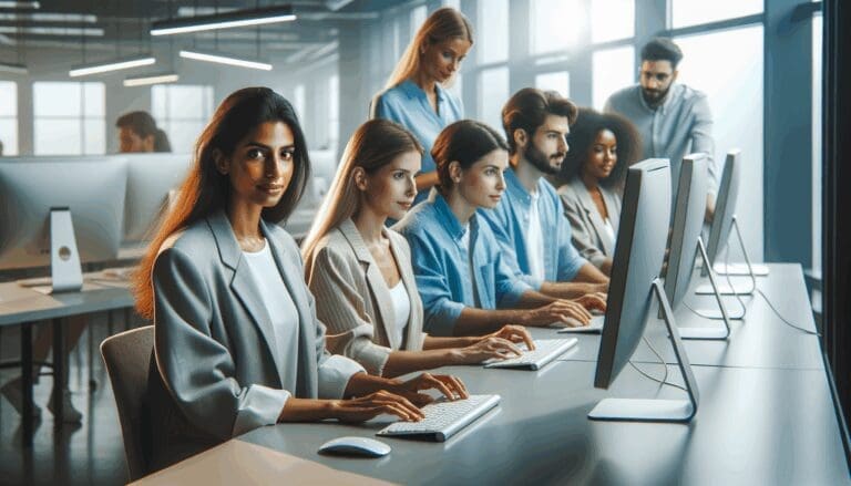 Equipo joven trabajando con computadoras en un luminoso laboratorio de tecnología moderna.