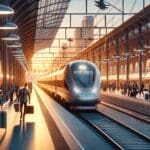 Tren moderno en estación europea al atardecer, con cabinas iluminadas y viajeros en el andén.