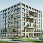 Fachada de un moderno edificio tecnológico de seis pisos, rodeado de áreas verdes y espacios colaborativos.