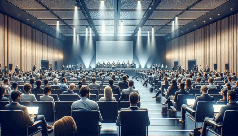 Auditorio con personas participando en un evento tecnológico.