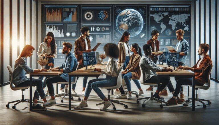 Grupo de jóvenes emprendedores colaborando en una oficina moderna con pantallas mostrando gráficos espaciales.