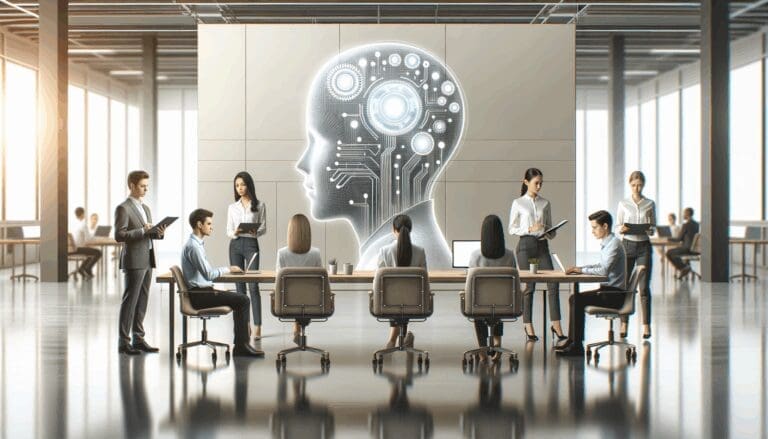 Grupo de emprendedores trabajando en un proyecto de inteligencia artificial en una oficina moderna.