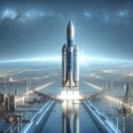 Cohete espacial moderno en plataforma de lanzamiento, con cielo azul de fondo y ambiente tecnológico.