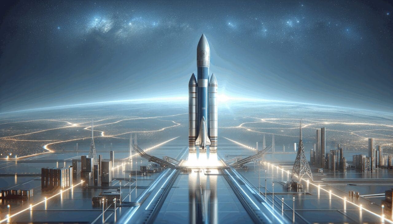 Cohete espacial moderno en plataforma de lanzamiento, con cielo azul de fondo y ambiente tecnológico.
