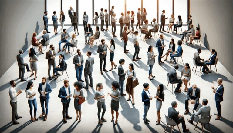 Grupo diverso de personas reunidas en un espacio moderno, conversando sobre ideas de negocio y tecnología.