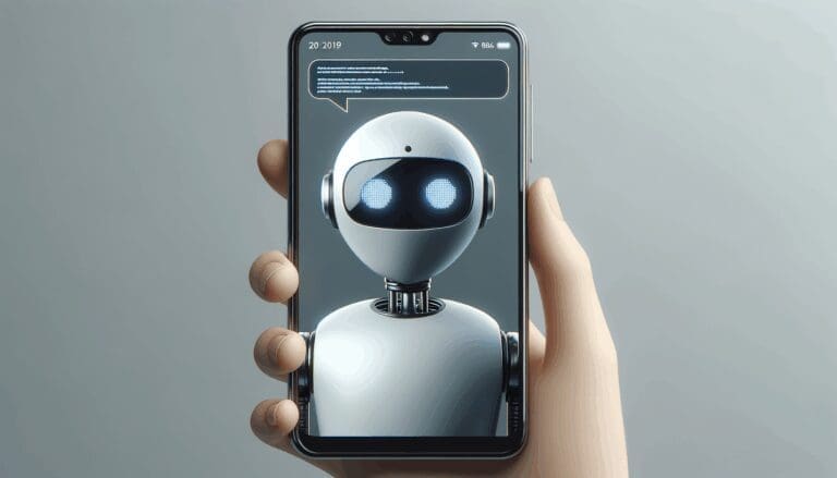 Primer plano de una interfaz de chatbot en un smartphone, fondo neutro, estilo tecnológico y profesional.