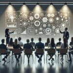 Grupo de emprendedores presentando ideas tecnológicas en una sala de reuniones moderna.