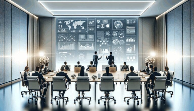 Sala de reuniones moderna con dispositivos tecnológicos y ejecutivos analizando documentos digitales.