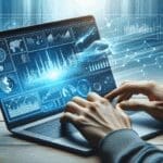 Primer plano de manos usando una laptop con gráficos de finanzas digitales y fondos abstractos en tonos azules.