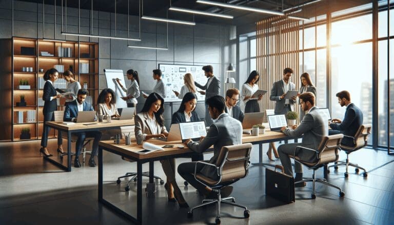 Oficina moderna con jóvenes profesionales colaborando en computadoras portátiles y pizarras digitales.