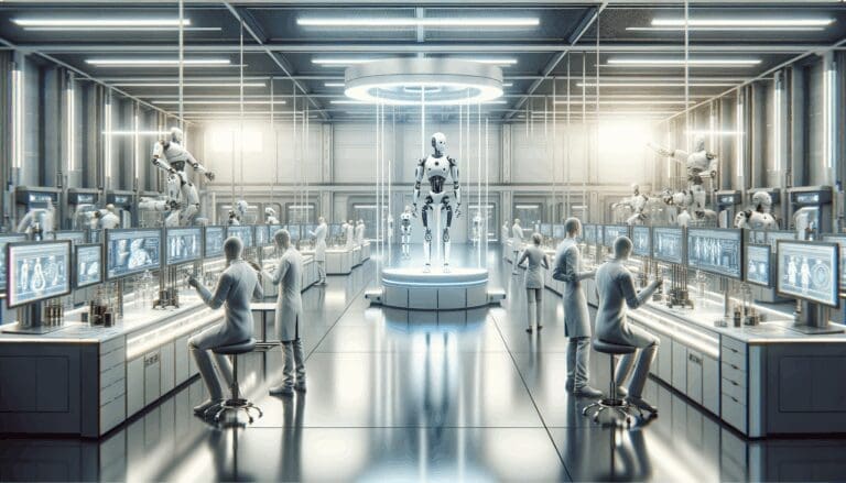 Un laboratorio futurista con robots humanoides junto a ingenieros trabajando, iluminación clara y ambiente de alta tecnología.