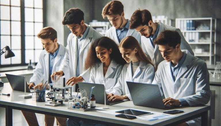Jóvenes científicos en laboratorio colaborando con laptops y prototipos tecnológicos.