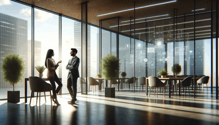 Dos personas conversando en una oficina moderna con plantas y luz natural, concepto tecnológico y sostenible.