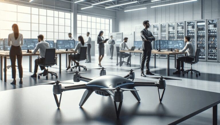 Drones autónomos sobre una mesa tecnológica, con ingenieros trabajando al fondo en un entorno moderno.