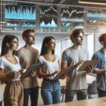 Personas jóvenes analizando gráficos tecnológicos en pantallas digitales en un espacio de coworking moderno.