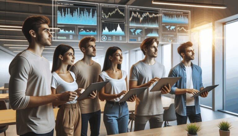 Personas jóvenes analizando gráficos tecnológicos en pantallas digitales en un espacio de coworking moderno.