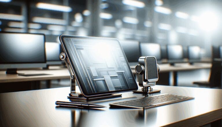 Primer plano de equipos tecnológicos de última generación en una mesa de trabajo con fondo desenfocado.