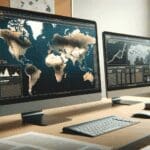 Pantallas de computadora mostrando mapas geológicos digitales en una oficina.