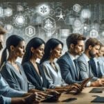 Primer plano de un equipo de emprendedores trabajando frente a pantallas con gráficos digitales y elementos de blockchain en una oficina moderna.