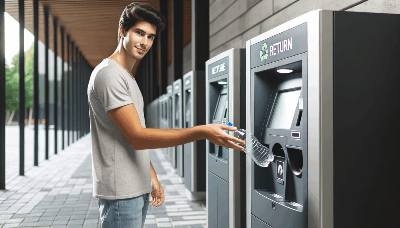 Joven usando una máquina de devolución de envases automática en un espacio urbano moderno, luz natural.