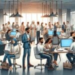 Emprendedores colaborando en un moderno espacio de coworking rodeados de pantallas y tecnología.